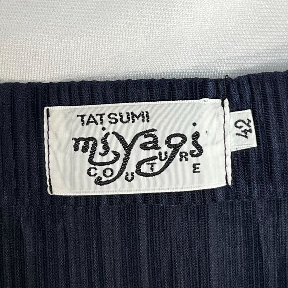 Tatsumi‎ Miyagi Couture Long Sleeve Round V Neck Pleated Midi Dress Navy Size 42 - Picture 4 of 6